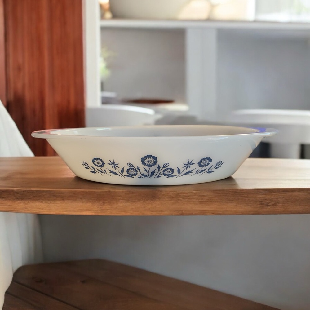 vintage Glasbake blue flower floral pattern white divided casserole dish.